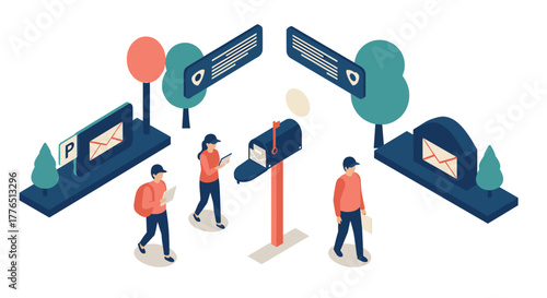 Isometric mailbox and park scene with walking people and message boards