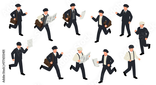 Retro newspaper delivery characters in isometric flat style