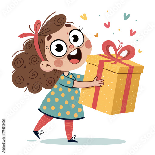 Cheerful girl holding a wrapped gift with ribbon and hearts