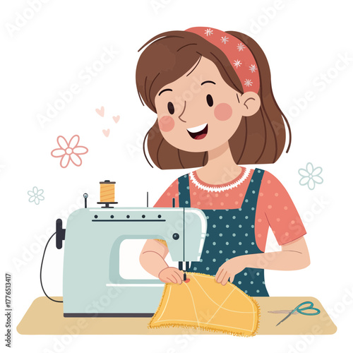 Cheerful woman using a sewing machine in a creative illustration