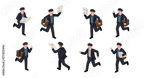Isometric newspaper delivery characters in various poses