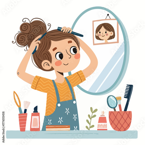 Cute cartoon girl brushing her hair in front of a mirror