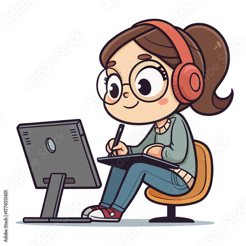 Cute cartoon girl working at computer while listening to music