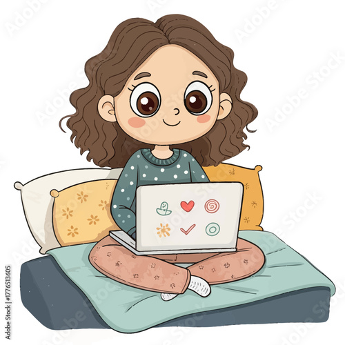Cute cartoon girl working on laptop in comfy bed