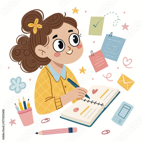 Cute cartoon girl writing and dreaming in a notebook