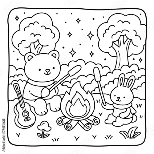 Cozy Campfire Night with Bear and Bunny | Fun Woodland Coloring Page