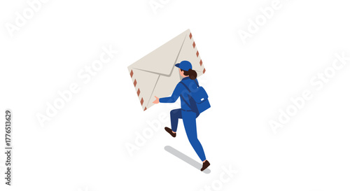 Isometric mailman delivering envelope in uniform on white background