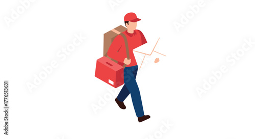 Efficient delivery service with red uniformed courier in isometric style