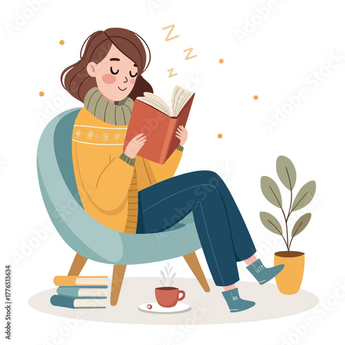 Cute cartoon woman reading a book while relaxing in a chair