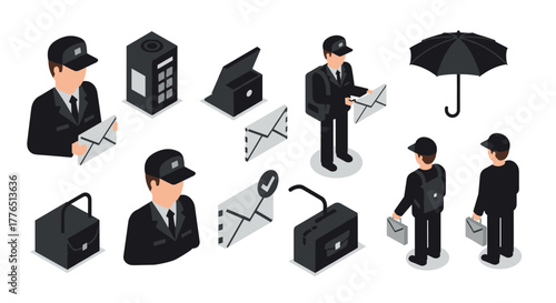 Isometric mailman and postal icons set with umbrella and briefcase elements