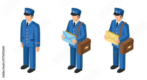 Isometric mail carrier characters in uniform holding envelopes