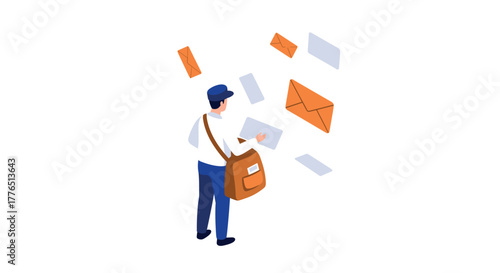 Mail delivery concept with postal worker and flying envelopes in minimalist style