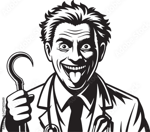 Crazy Doctor Joker Illustration, Hook Hand, Smiling Madman Medical Villain