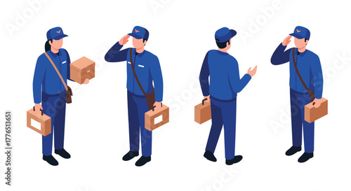Delivery service personnel in uniforms with packages in isometric style