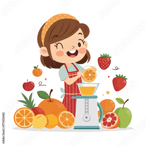 Cute girl making fresh fruit juice with a juicer