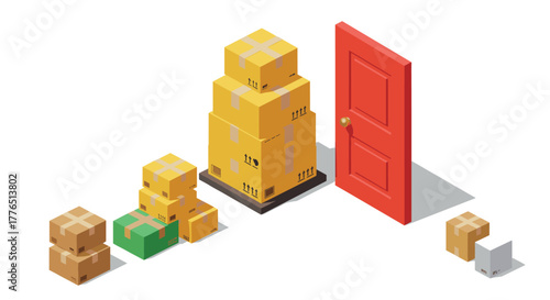 Delivery packages stacked by red door in isometric style