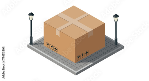 Giant cardboard box on pavement isometric art with street lamps