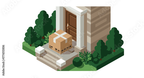 Package delivery at doorstep with isometric doorway and garden