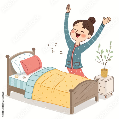 Happy woman waking up in bed stretching her arms