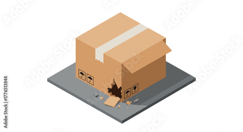 Damaged cardboard box on pallet seen from isometric perspective