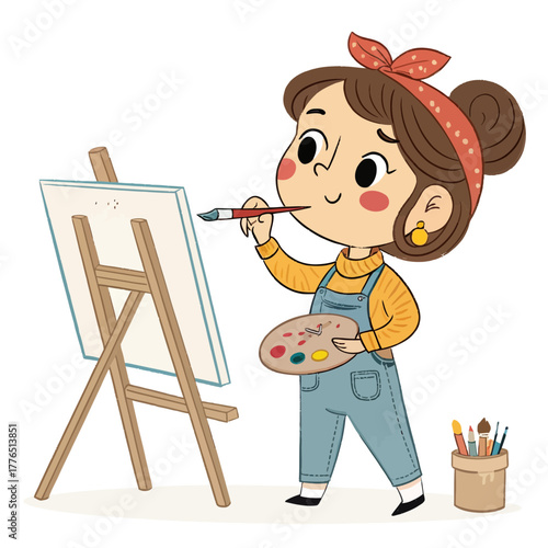Smiling cartoon artist with brush painting on canvas