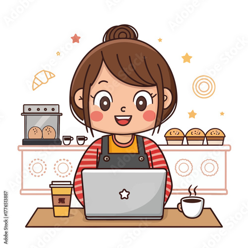 Smiling cartoon woman using a laptop in a coffee shop