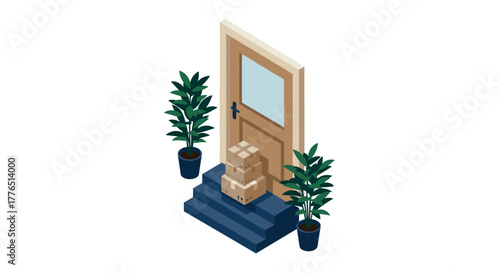 Isometric home delivery concept with parcels at doorstep