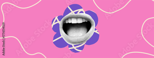 Screaming rockstar pop art with vintage punk mouth and retro poster background. This abstract vector illustration features dramatic eye and tongue elements for bold rock aesthetics