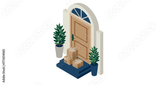 Isometric front door with delivery boxes and potted plants