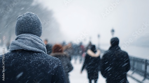 A snow-covered road with people in a storm,blizzard or snowfall in winter in bad weather in the city.Extreme winter weather conditions in the north.People walk through the streets under heavy snowfall