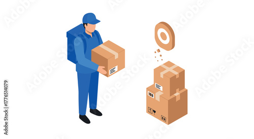 Delivery person with packages and destination marker in isometric style