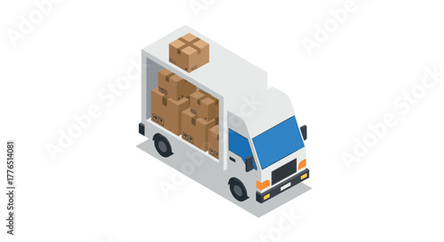 Isometric delivery truck with cardboard boxes on white background