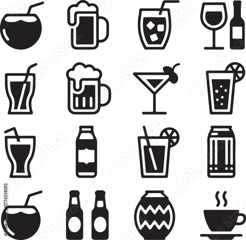Variety of Alcoholic and Non-Alcoholic Drinks Beverages Icons Refreshments Collection