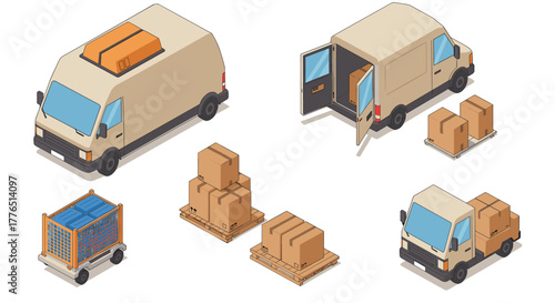 Isometric delivery vehicles and packages set for logistic and shipping concepts