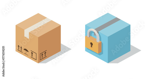 Isometric cardboard and secure box with padlock