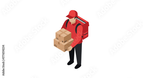 Delivery person in red uniform with backpack carrying cardboard boxes