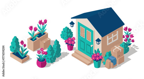 Charming isometric house with lush garden and colorful tulips