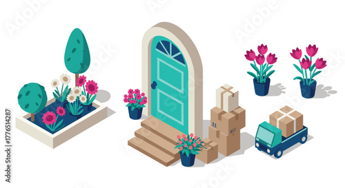 Isometric home delivery concept with flowers and packages
