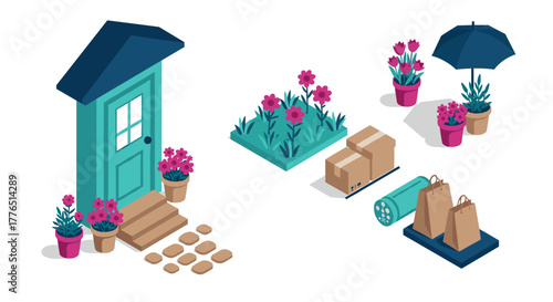 Isometric home delivery and garden decor scene with doorstep, plants, and parcels