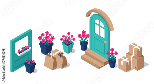 Isometric home entrance with packages and potted flowers