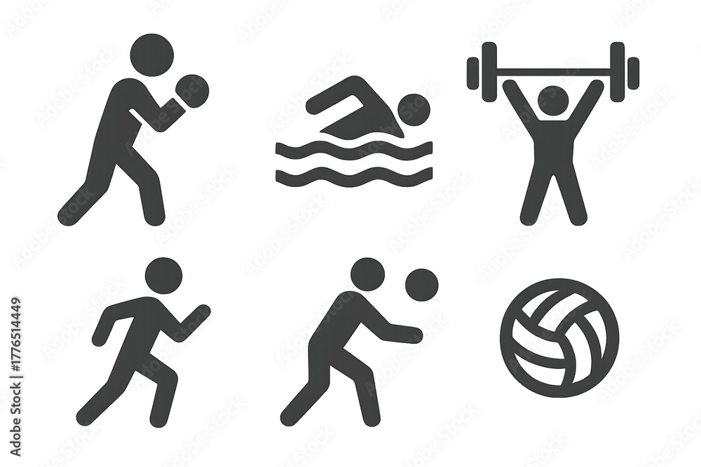 Fototapeta premium Black Silhouette Sports Icons – Swimming, Boxing, Athletics, Weightlifting on Transparent Background