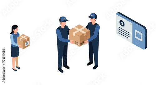 Professional delivery service and shipping concept with isometric people and parcels