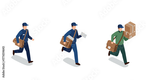 Isometric mail delivery postal workers handling packages and letters