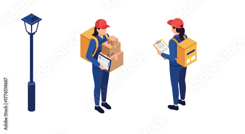 Isometric delivery worker scene with parcels and clipboard in hand