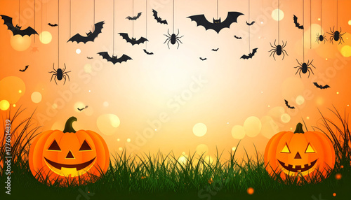 Halloween background with jack o lanterns, bats, and spiders on orange gradient