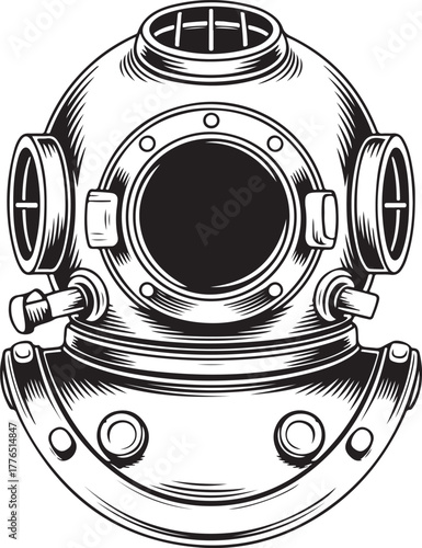 Vintage Diving Helmet Heavy Gear Underwater Equipment Sea Ocean Exploration Illustration