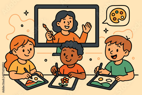 Children learning art online from a teacher on a computer screen