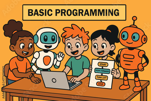 Diverse children and robots learning basic programming and coding together