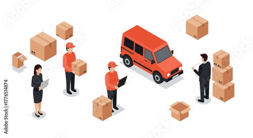 Isometric package delivery scene with workers, boxes, and van