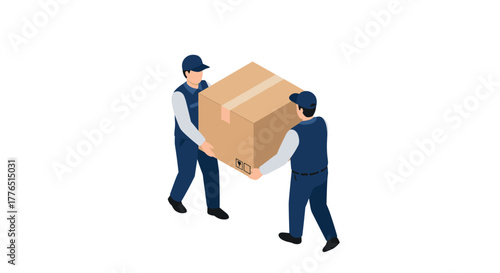 Isometric delivery workers collaborating to carry a cardboard box